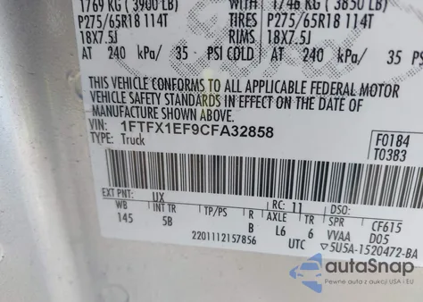 2012 Ford F-150 Fx4 z USA, uszkodzony, nr VIN 1FTFX1EF9CFA32858